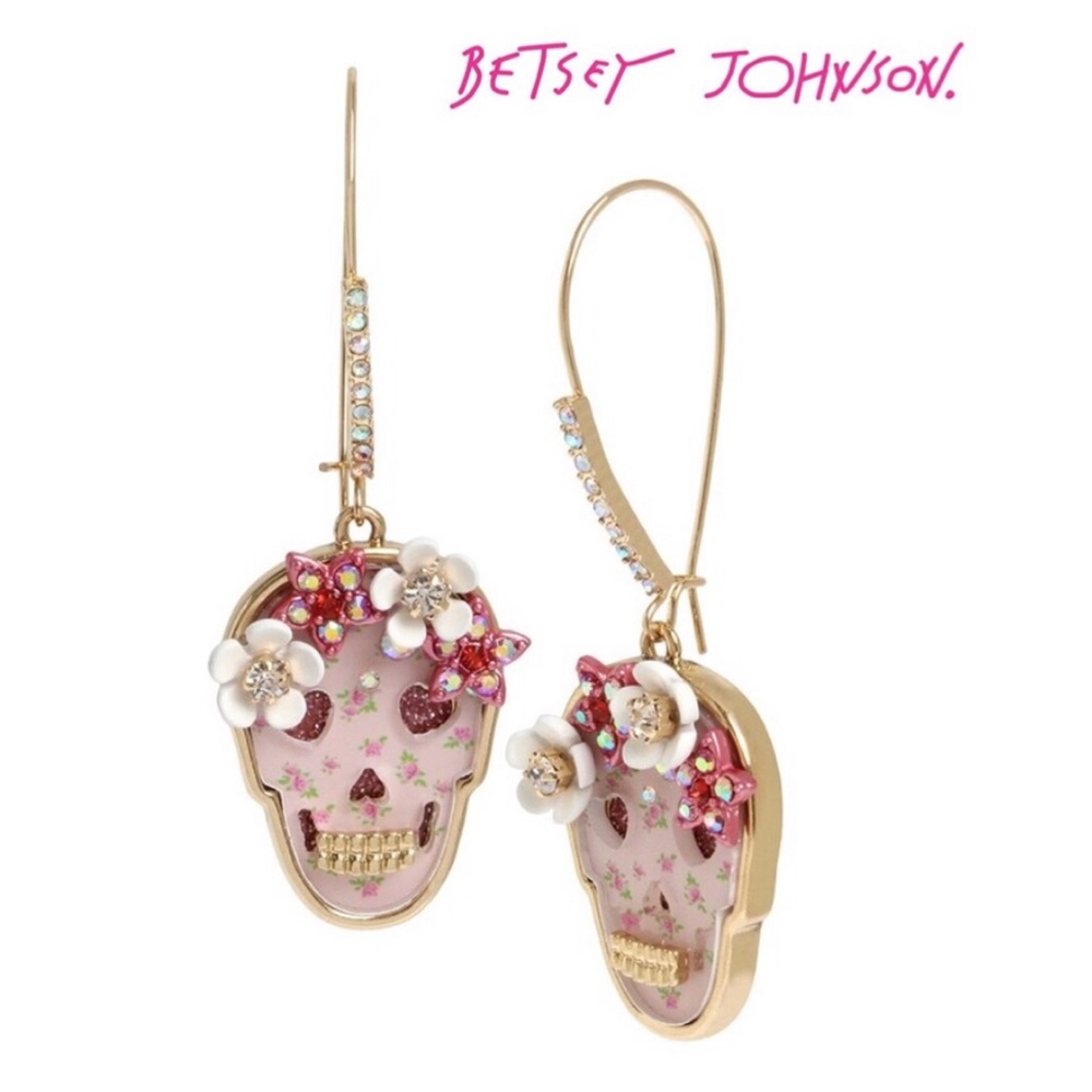 Betsey Johnson Opulent Floral Drop Skull Earrings